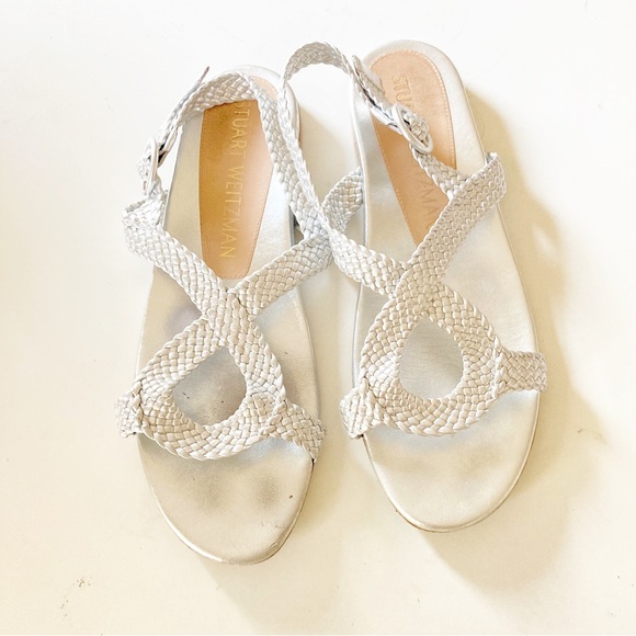 Stuart Weitzman Teodora Silver Braided Leather Womens Sandals - Picture 2 of 8